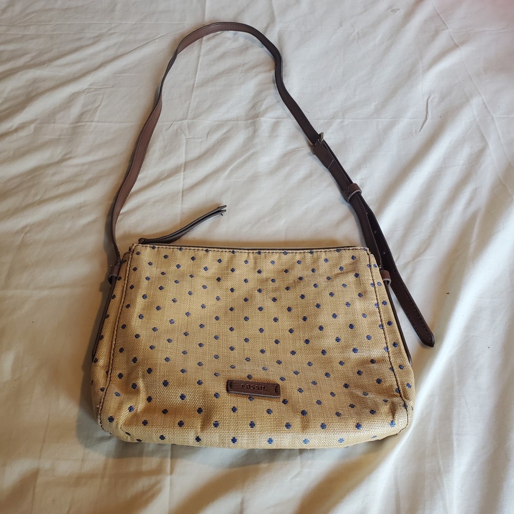 Fossil Woven Crossbody Bag Tan Blue Polka Dot Embroidered Vintage Leather Strap